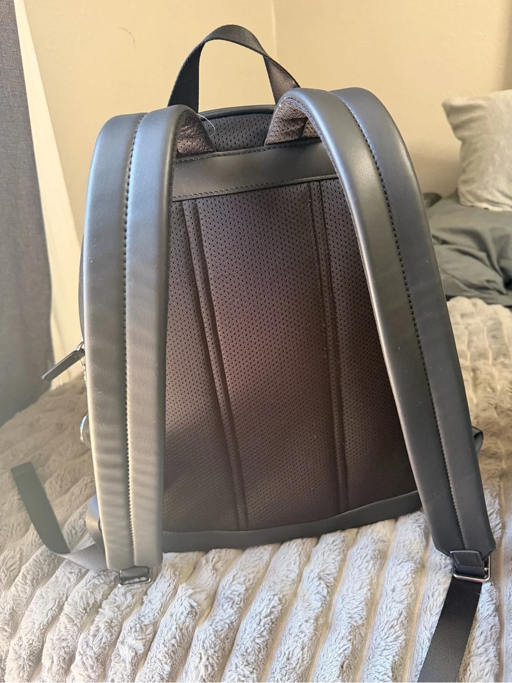 Michael Kors Black Leather Backpack with Embossed Front Pocket